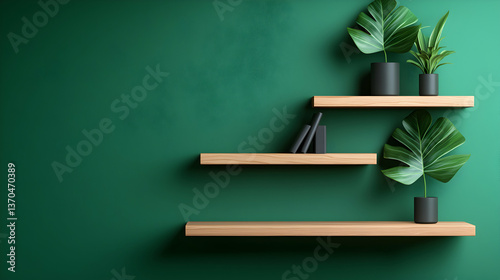 Wooden Shelves with Potted Plants Against a Dark Green Wall