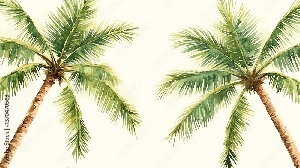 Fototapeta premium Palm Trees Watercolor Painting Against White Background Summer Tropical Vibe