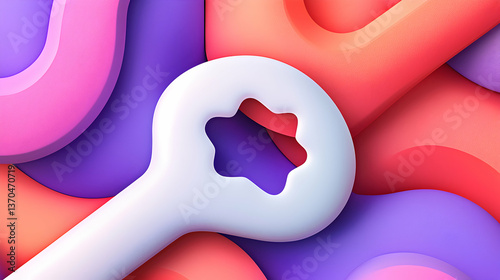 Abstract 3D Render of a Wrench Amidst Pink Purple and Orange Shapes