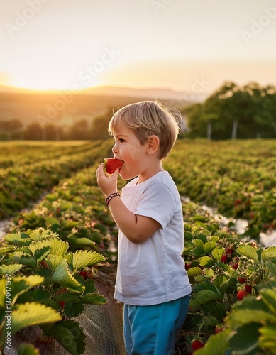 petit garçon mangeant des fraises dans un champs photo