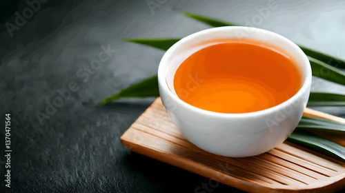 Amber Tea in White Cup on Bamboo Tray