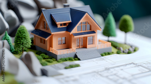 Architectural Model of a Two Story House on Blueprint