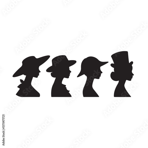  Elegant Vintage Silhouettes of Women Wearing Stylish Hats and Dresses in Retro Fashion Illustration Style