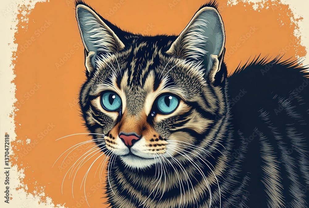 Fototapeta Closeup portrait of an adorable tabby cat with bright blue eyes. Digital illustration in vintage style.