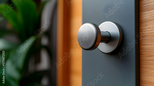 Close-up of Modern Metal Door Handle on Wooden Door