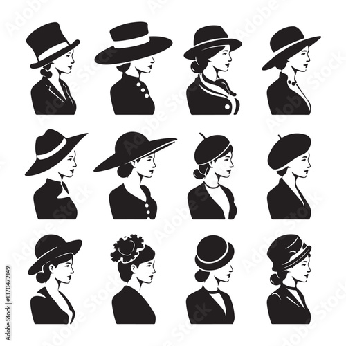  Elegant Vintage Silhouettes of Women Wearing Stylish Hats and Dresses in Retro Fashion Illustration Style