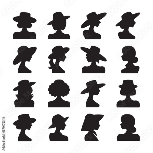  Elegant Vintage Silhouettes of Women Wearing Stylish Hats and Dresses in Retro Fashion Illustration Style
