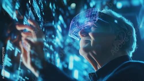 Futuristic AR Glasses with Holographic Display: Person Interacting with Virtual Reality Interface, Cutting-edge Technology and Advanced Digital Interaction