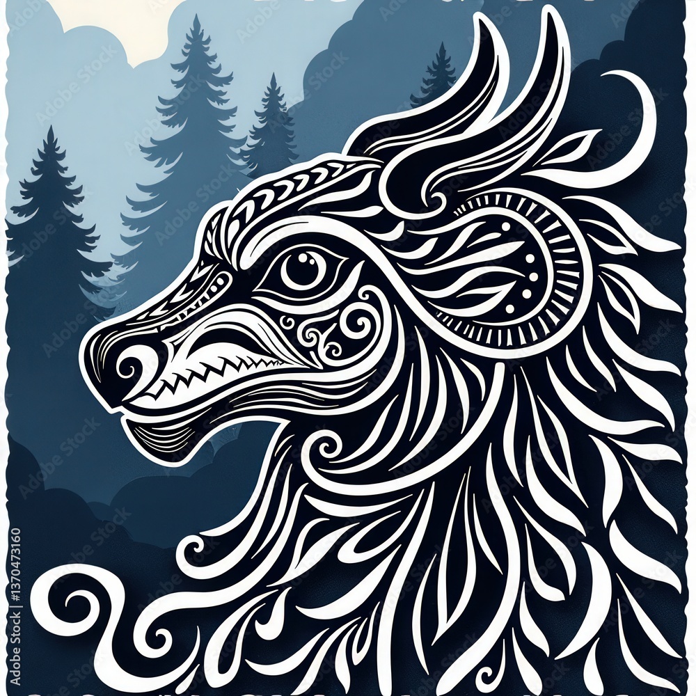 Fototapeta premium Stylized wolf head illustration, black and white ornate design against a forest background. Perfect for tattoo, print, or poster.