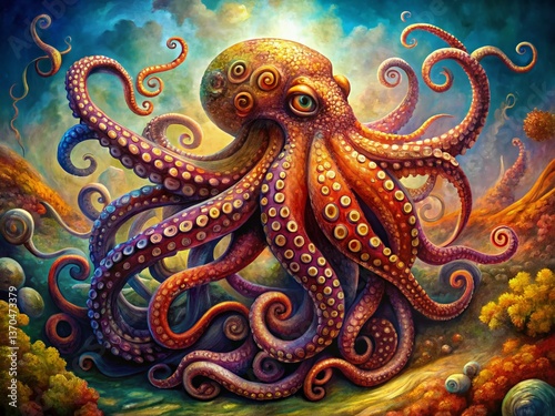 Wallpaper Mural Vintage Oil Painting: Graceful Octopus with Flowing Tentacles - Artistic Underwater Scene Torontodigital.ca