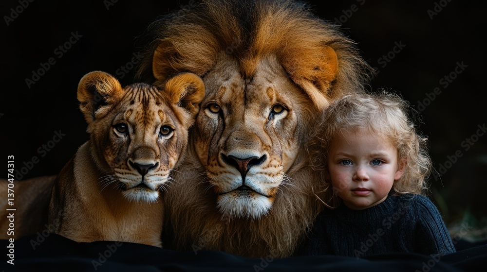 Fototapeta premium Majestic lion cubs and child