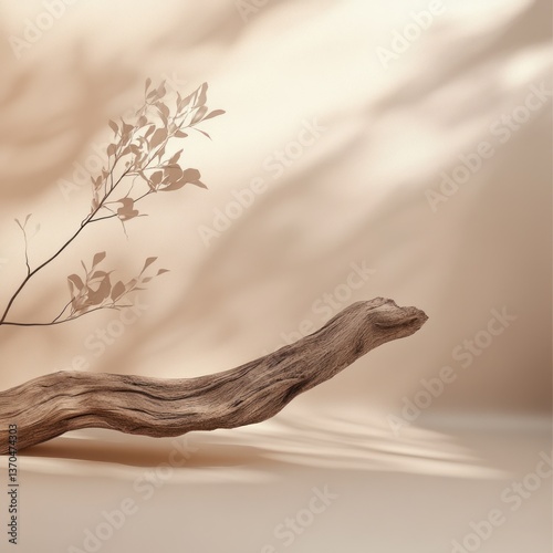 Gentle, earthy aesthetic with driftwood and plant silhouette