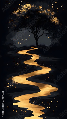 Golden Path to Tranquility: An evocative image depicts a mesmerizing golden path winding its way towards a solitary tree.