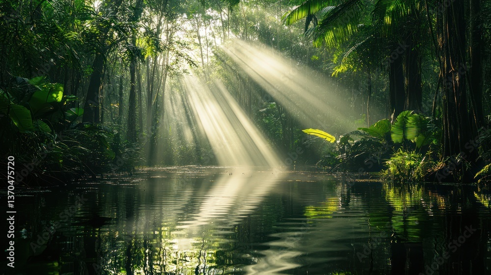 Fototapeta premium Sunbeams pierce a tranquil, misty jungle waterway. Lush greenery and calm water reflect the sunlight