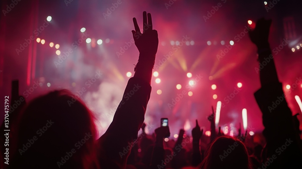 People cheering at a concert with hands raised in the air People cheering at a concert with hands raised in the air
