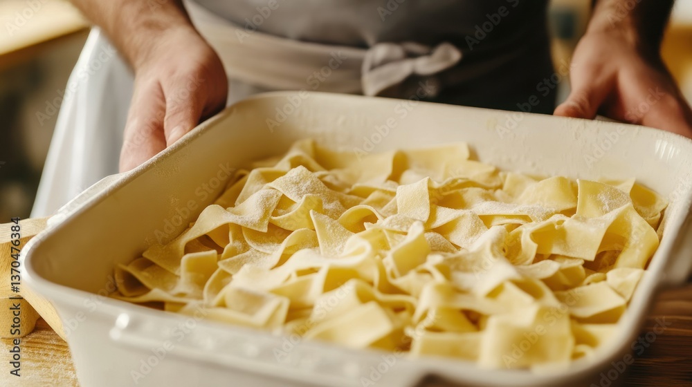 A person carefully holding a tray of freshly made pasta A person carefully holding a tray of freshly made pasta
