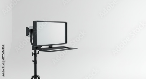Professional teleprompter setup with pristine white background providing visual support