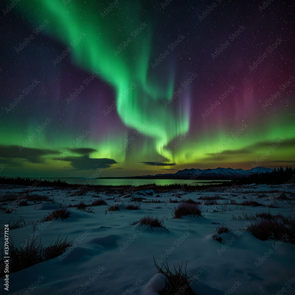 Fototapeta premium Northern Lights. The bright northern lights dance across the starry night sky. The beauty of the iridescent northern lights.