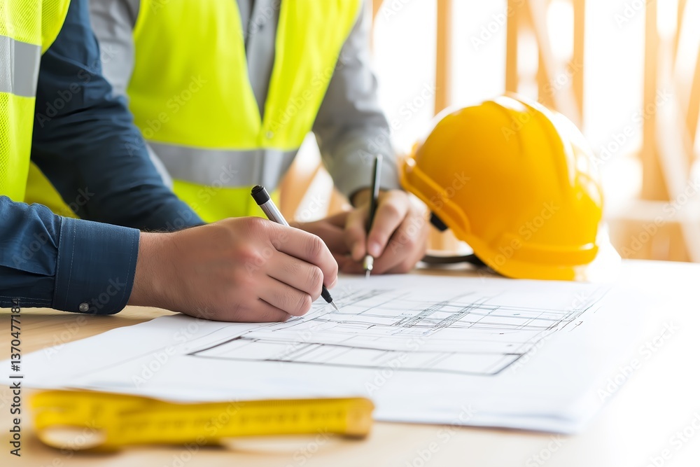 Construction Team Analyzing Blueprints on Wooden Table, Engineers and Workers with Safety Helmets, High-Visibility Vests, Technical Drawings, Measuring Tape, and Tools, Unfinished House Frame Construction Team Analyzing Blueprints on Wooden Table, Engineers and Workers with Safety Helmets, High-Visibility Vests, Technical Drawings, Measuring Tape, and Tools, Unfinished House Frame