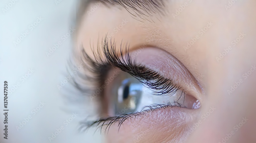 Obraz premium Close-up of thick, long eyelashes post beauty salon eyebrow and lash service. Open eye reveals full length of fake mink eyelash extensions, with soft lighting accentuating natural eye color.