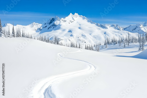 Serpentine snowmobile track across pristine snowy mountain landscape under a vibrant blue sky