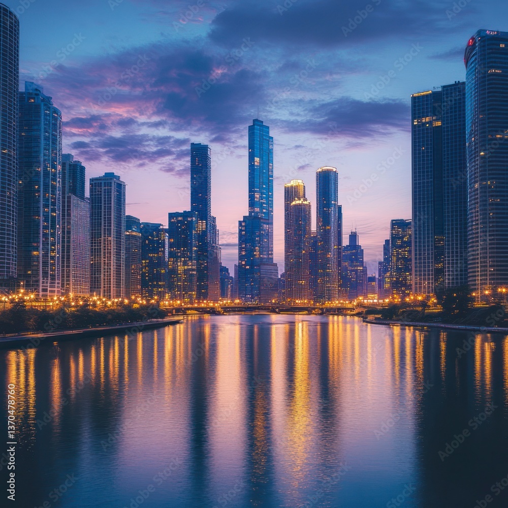 Fototapeta premium Cityscape twilight reflection, Chicago river