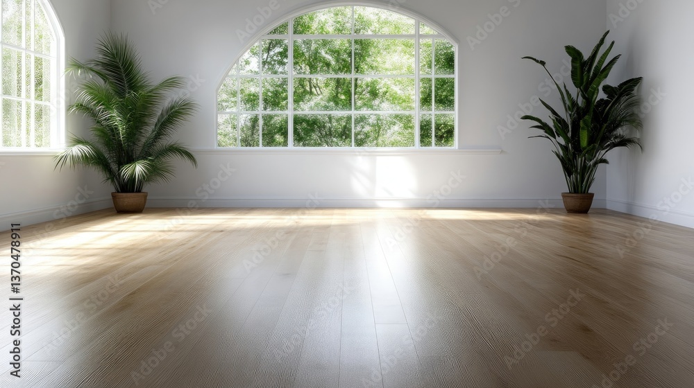 Fototapeta premium Empty room with large window, natural light, and plants