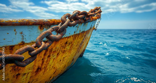 Rusty boat chain in clear blue water. A weathered boat rests in calm blue water, showcasing its rusty chain against a bright sky.