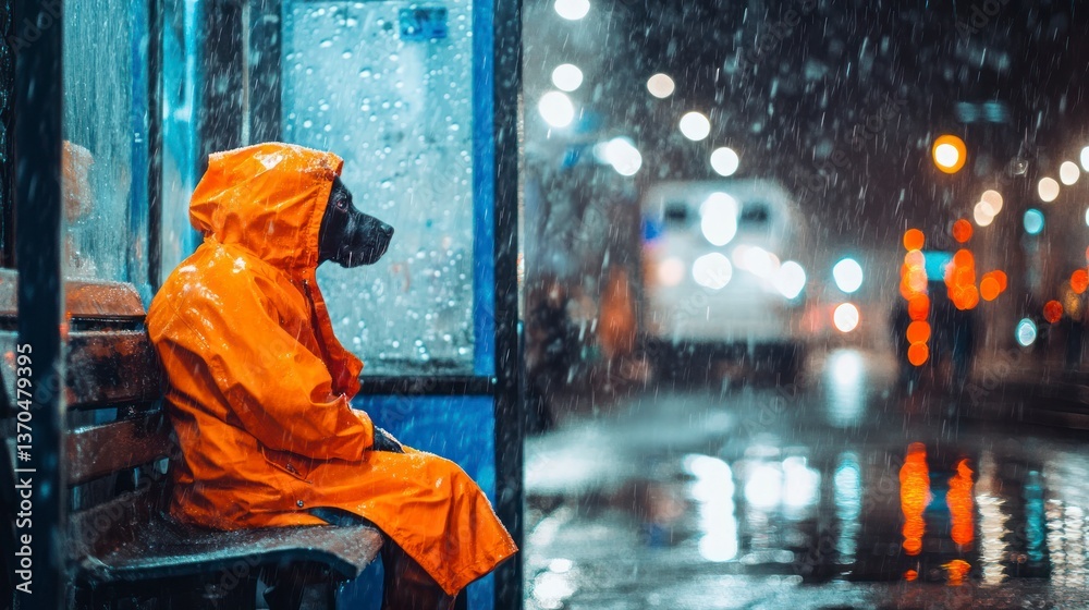 Obraz premium Dog in rain coat at bus stop in night