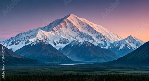 Wallpaper Mural A cinematic view of Denali (Mount McKinley) in Alaska, with pink and purple hues in the evening sky, AI Generated Torontodigital.ca