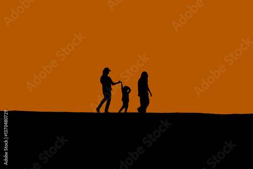 silhouette photo style of Family of parent and children on the hill mountain at the morning time.