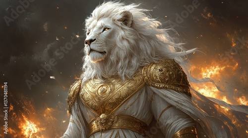 Majestic white lion warrior amidst flames