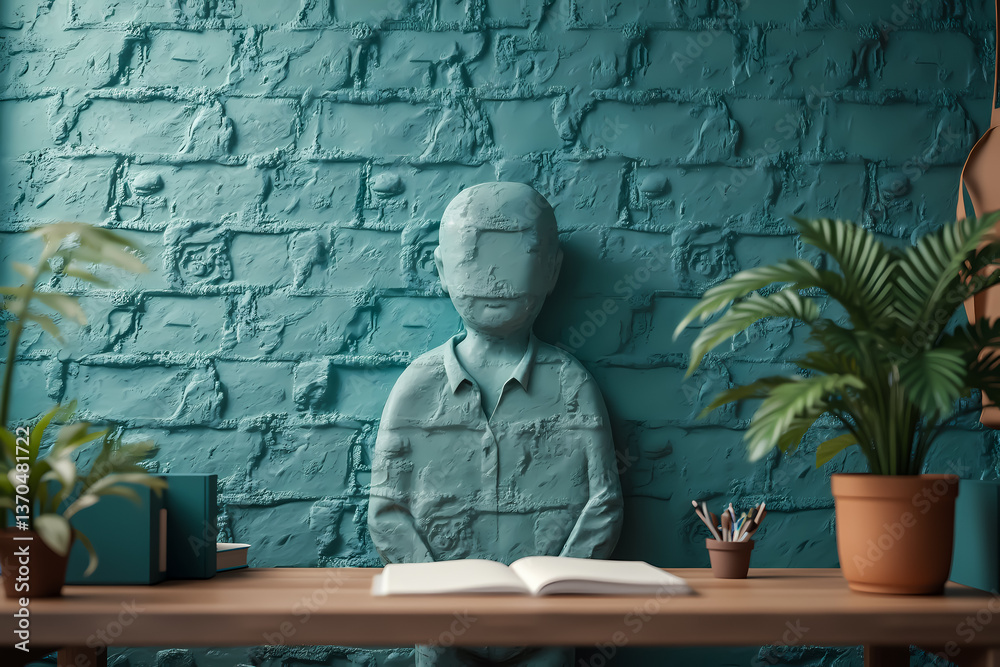 three-dimensional person figure against teal textured wall three-dimensional person figure against teal textured wall