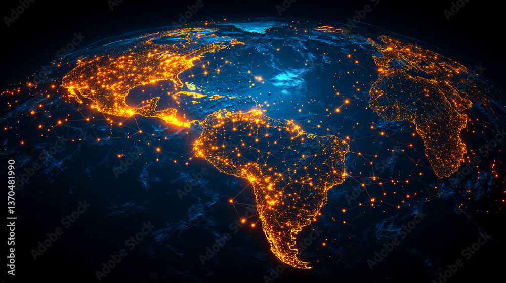 Obraz premium Nighttime global networking view. Bright lights illuminate cities worldwide, highlighting human connections over continents at nighttime.