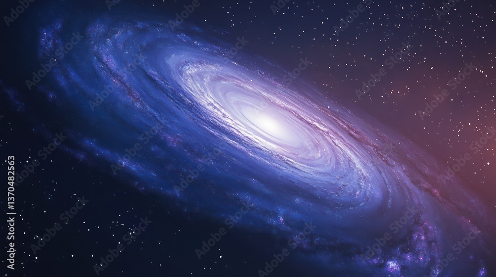 Fototapeta premium A breathtaking view from space showing a spiral galaxy surrounded by a vast expanse of stars. The galaxy's arms gently spiral outward, bathed in hues of blue, purple, and white