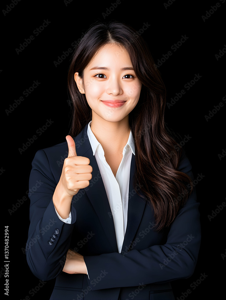 Smiling businesswoman gives thumbs up against black background Smiling businesswoman gives thumbs up against black background