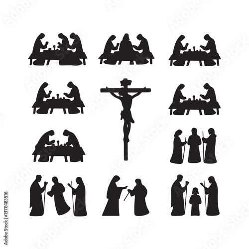   Biblical Silhouette Collection Featuring Jesus, Crucifixion, Last Supper, Nativity, and Disciples in Black Vector Illustrations for Religious and Christian Themes