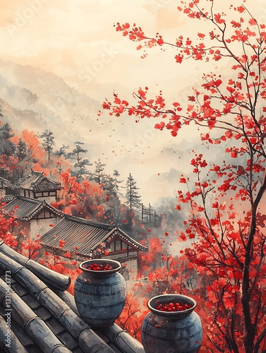 Serene autumn vista; misty mountains, red-leafed trees, village nestled in valley, two pottery bowls filled with berries on a rooftop