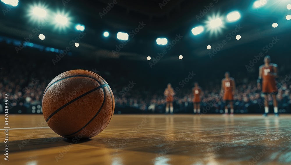 Textured Basketball on Polished Court with Blurred Players and Spectators Textured Basketball on Polished Court with Blurred Players and Spectators