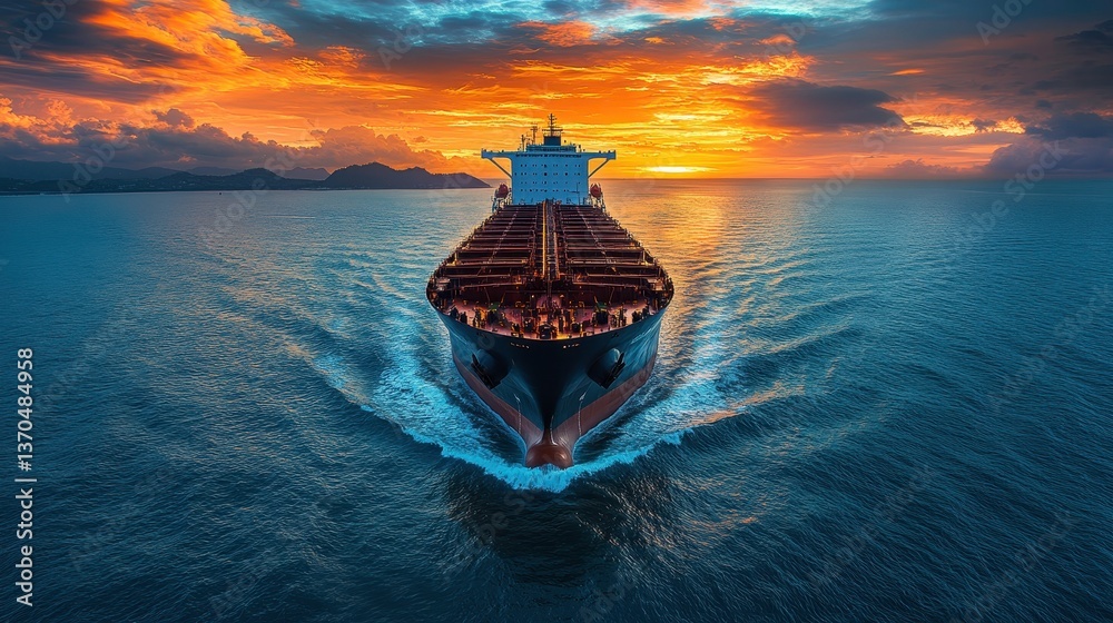 Fototapeta premium A Large Vessel Sailing Through The Ocean Waters At Sunset