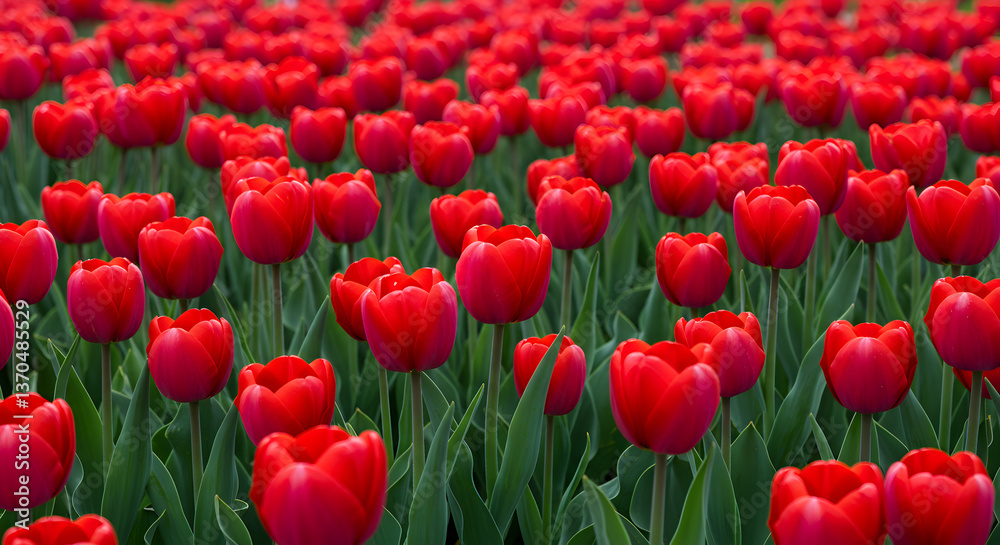 Obraz premium Vibrant Red Tulip Field Displaying a Dense Flowerbed Against a Softly Blurred Natural Backdrop Under Daylight