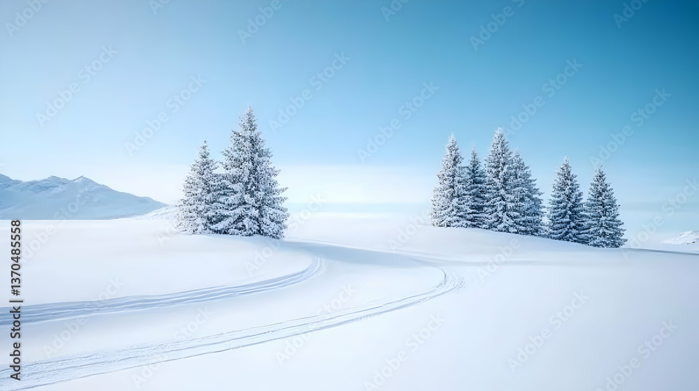 Obraz premium Snow-covered evergreens on a pristine, snowy plain with mountain backdrop