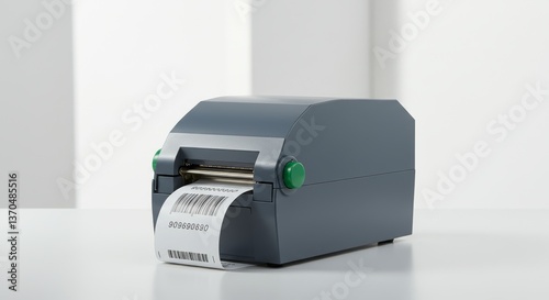 Barcode printer emitting a label with crisp barcode against plain background