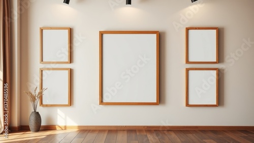 Modern minimalist interior with blank wooden picture frames on a beige wall