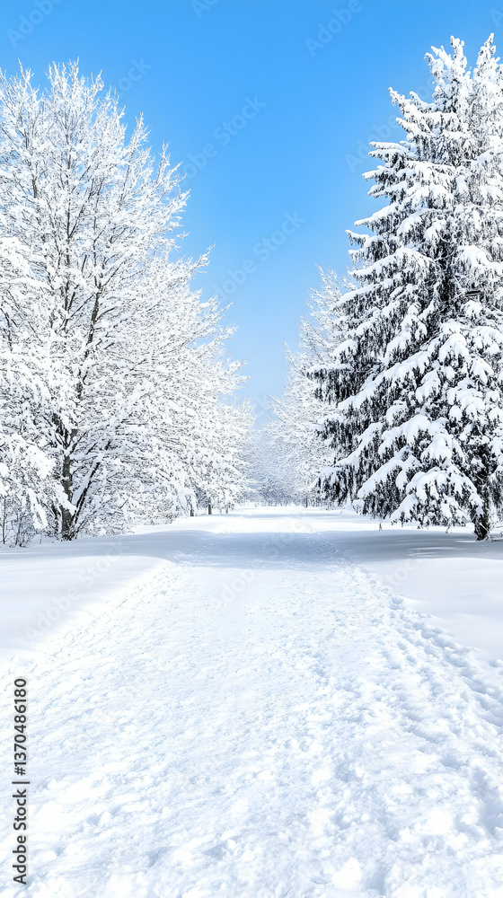 Snow-covered path through winter trees under a clear blue sky Snow-covered path through winter trees under a clear blue sky