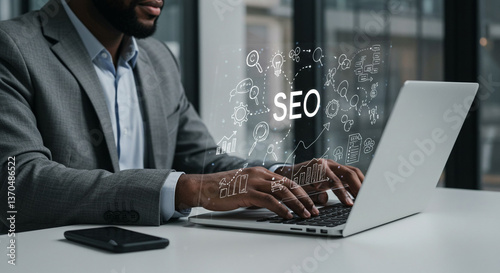 A focused professional expertly optimizing online presence through strategic SEO, enhancing digital visibility with a sleek laptop and modern office setting.