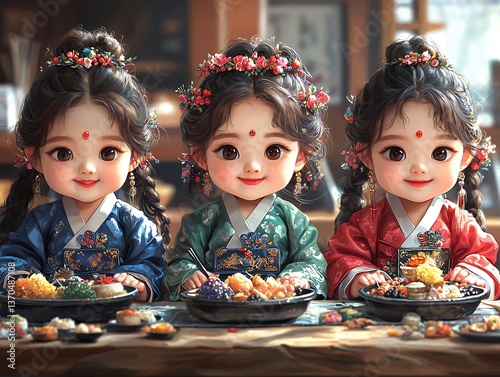 Three adorable girls in traditional Korean attire are seated at a table filled with a delectable spread of Korean cuisine.  They smile charmingly
