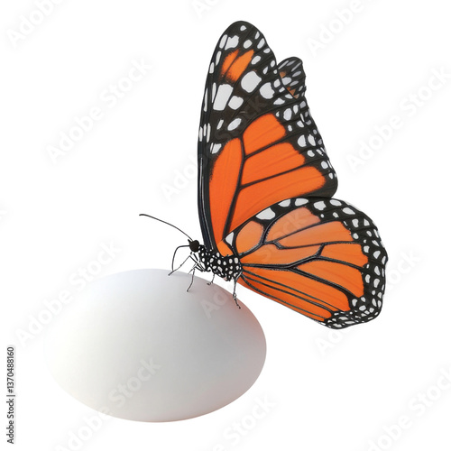 3d butterfly flying near egg, easter illustration on transparent png background