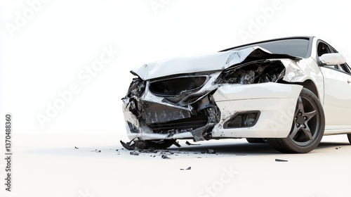 Front of white car get damaged by accident on the road. Isolated on white background. Saved with clipping path