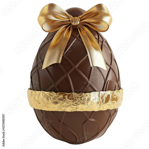3d chocolate egg with golden wrapping, easter illustration on transparent png background